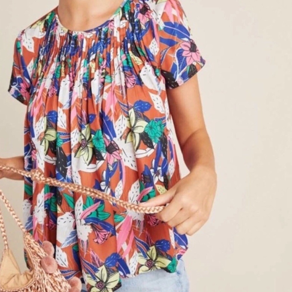 Anthropologie Floral Smocked Neck Rust Multi Top